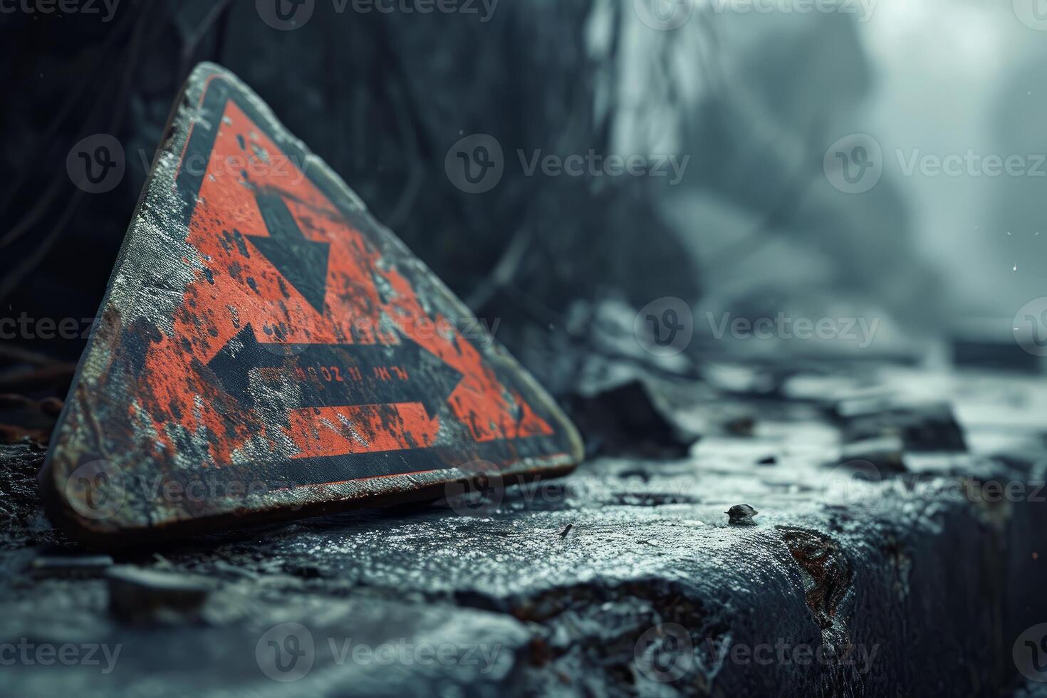 Hazard warning sign on moody, misty road photo