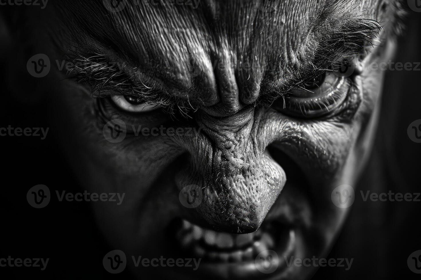 Close-up monochrome image capturing a detailed and intense angry facial expression photo