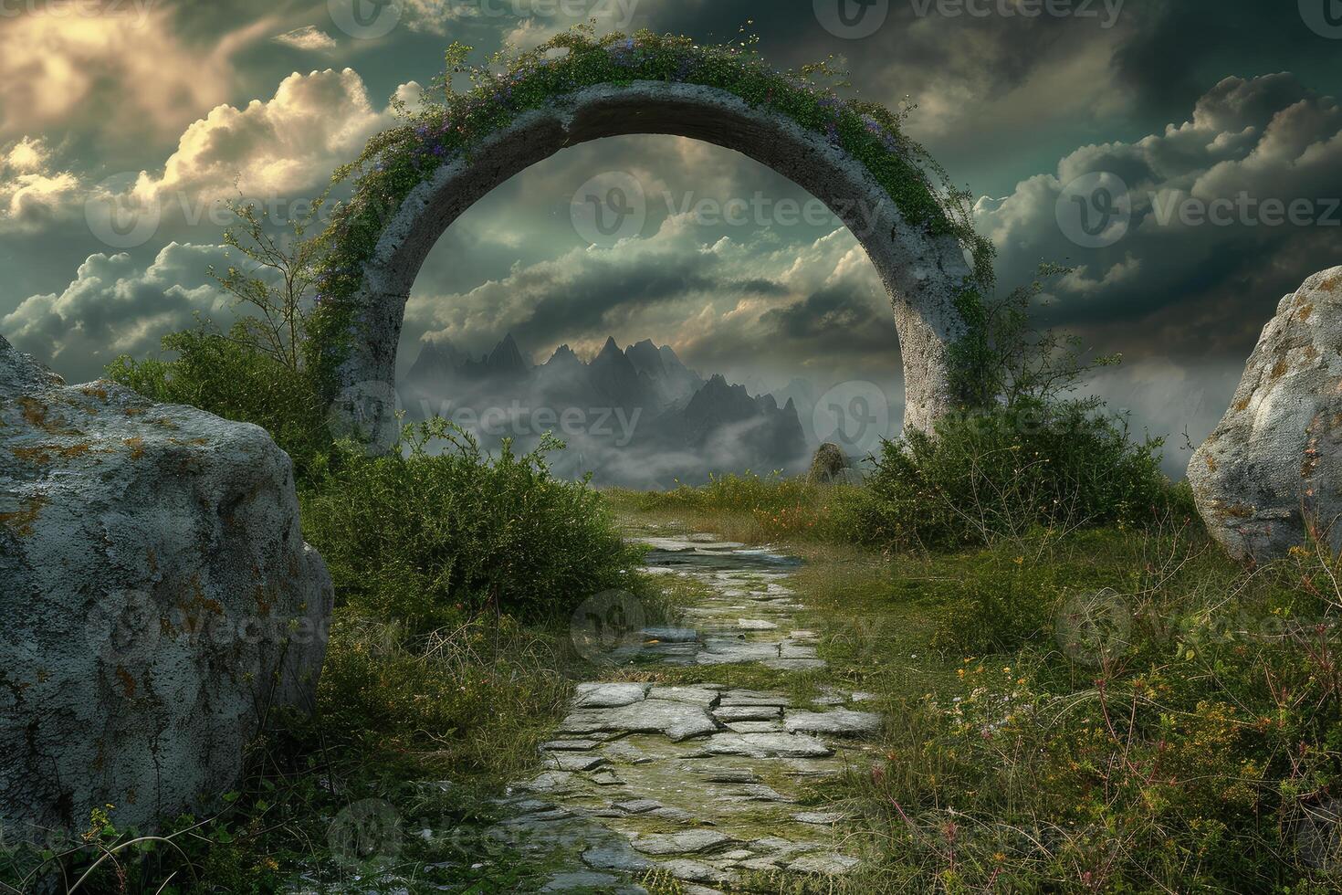 Enchanted archway leading to mountains at sunset photo