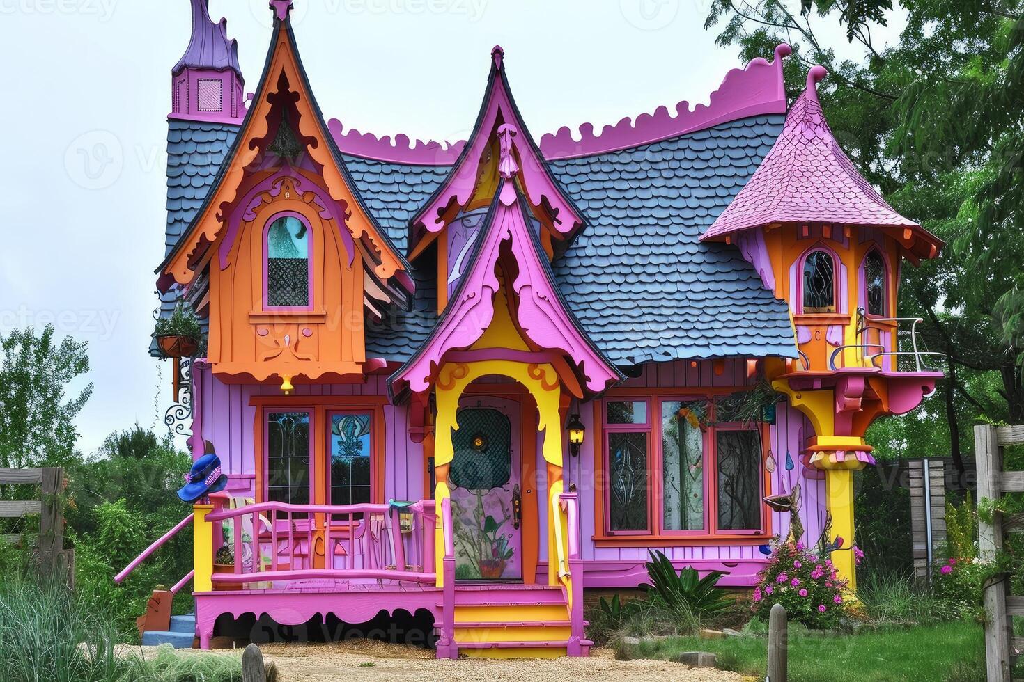 Whimsical colorful fairy tale house in lush garden photo