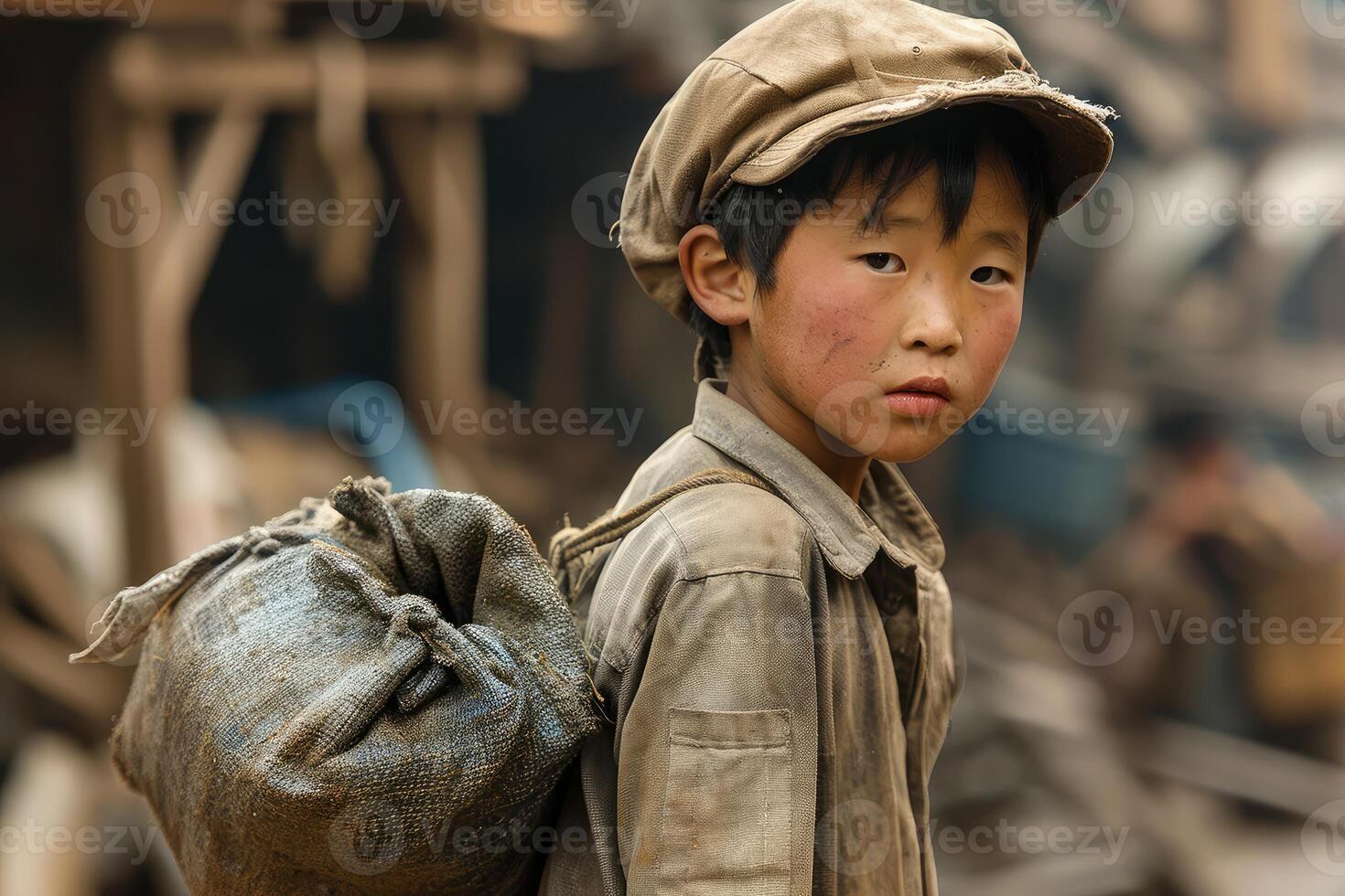 Young boy with sack in rustic setting photo