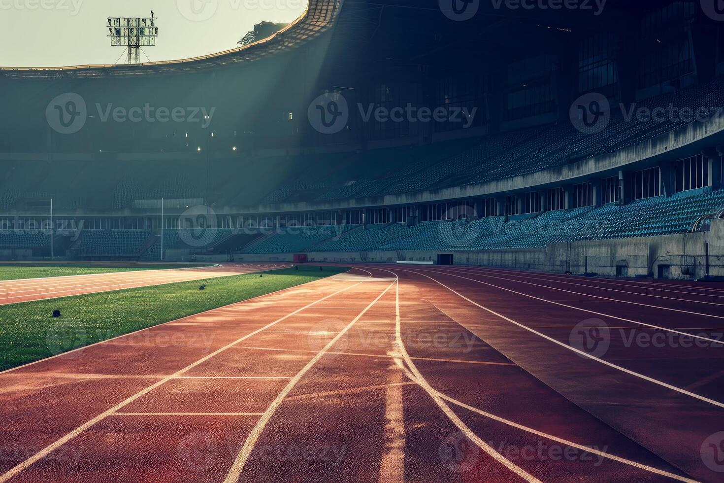 Sunlit running track in an empty stadium photo