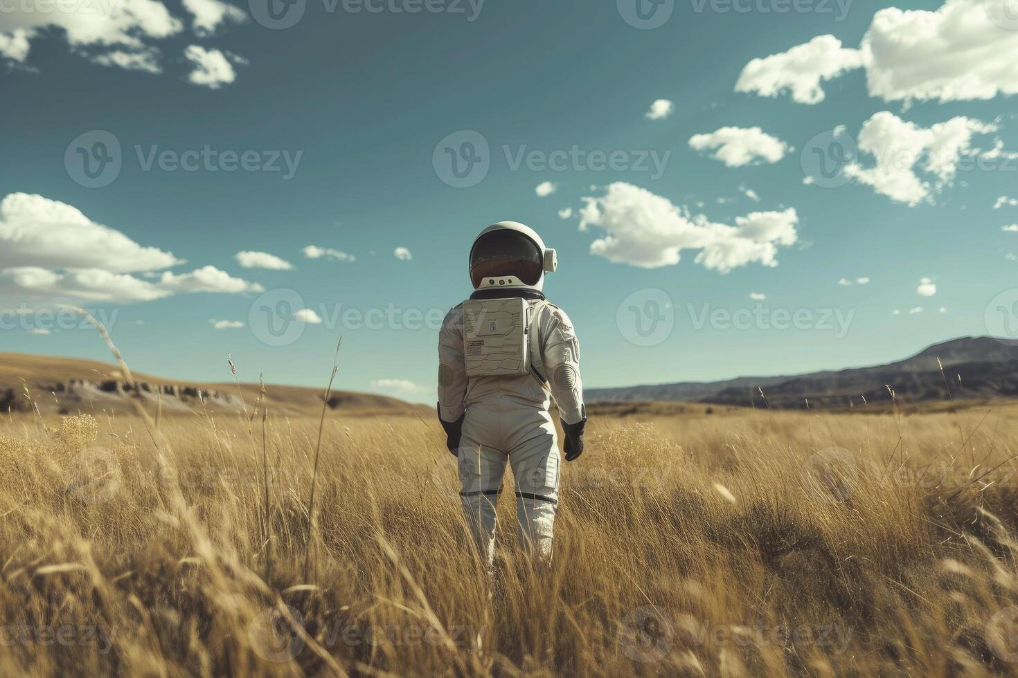 Astronaut walking in a golden field photo