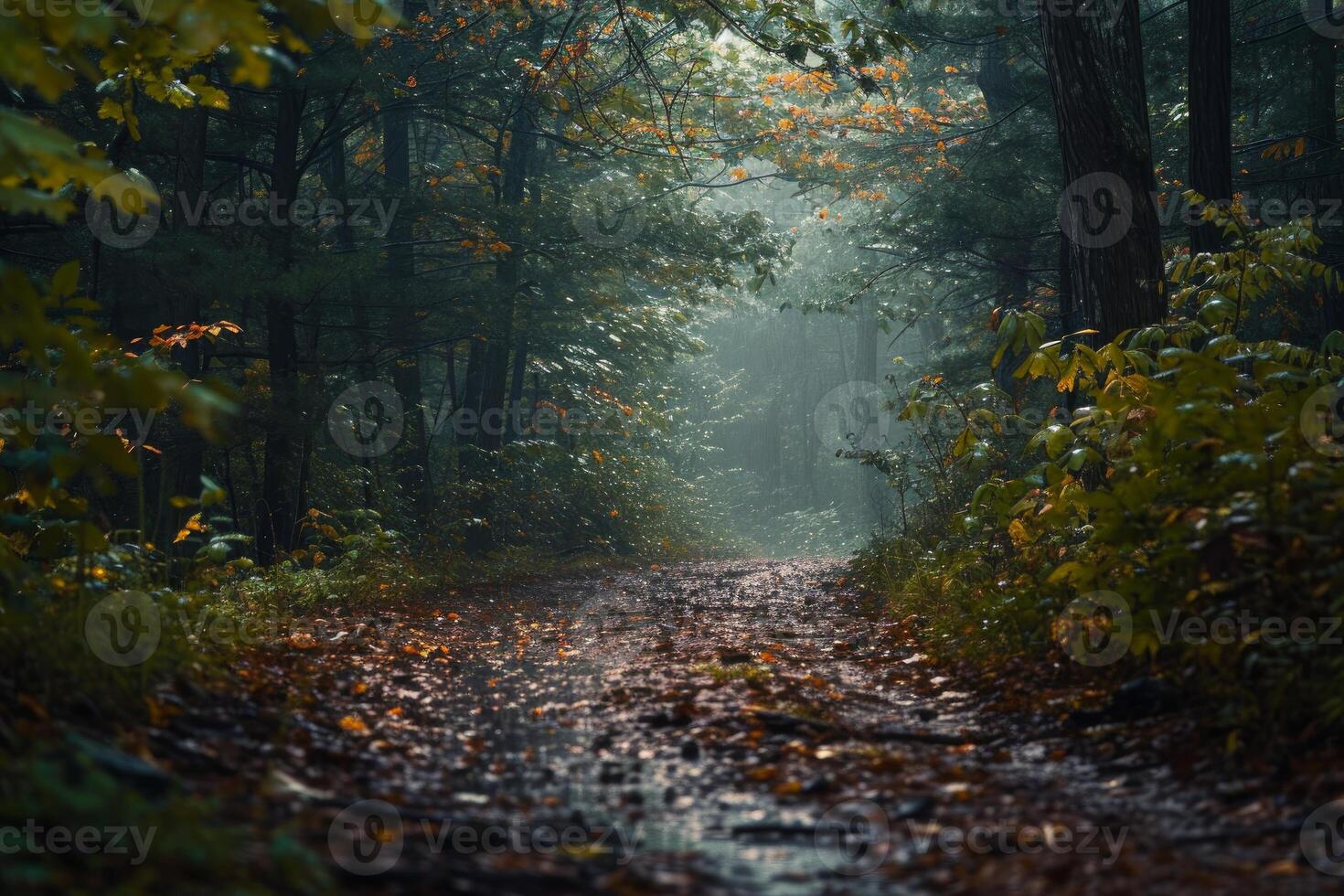 Serene forest path with mist and autumn foliage photo
