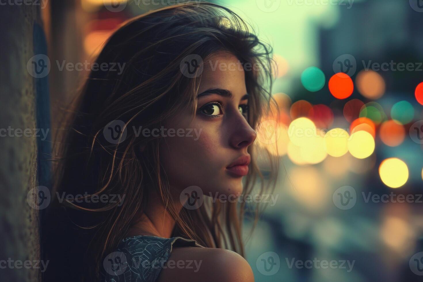 Ethereal beauty against city lights photo