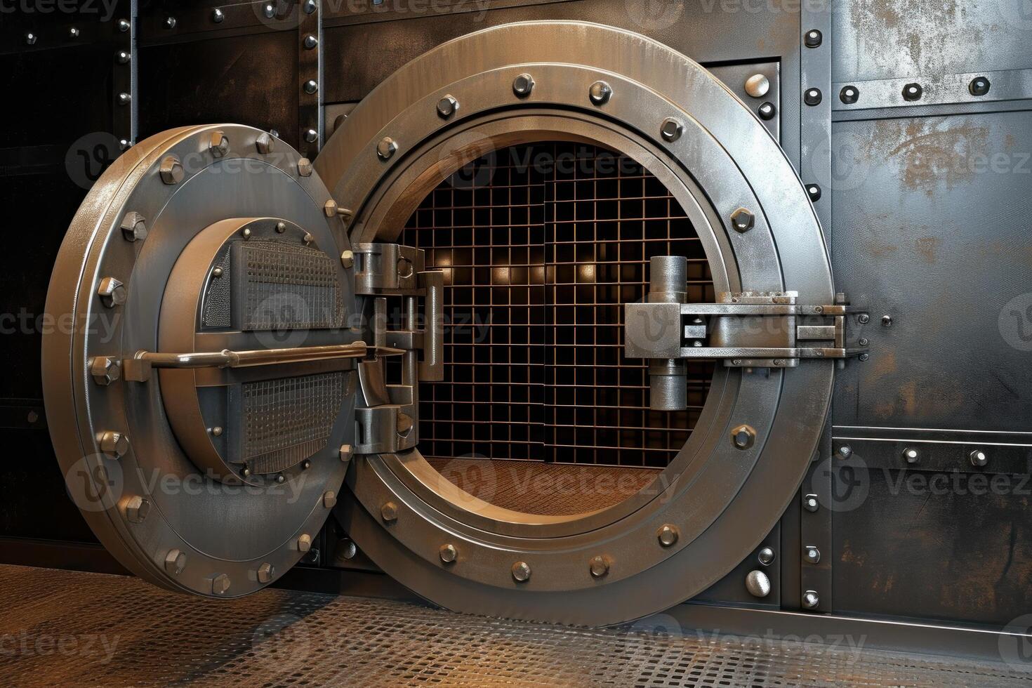 Industrial vault door secured with steel bolts photo