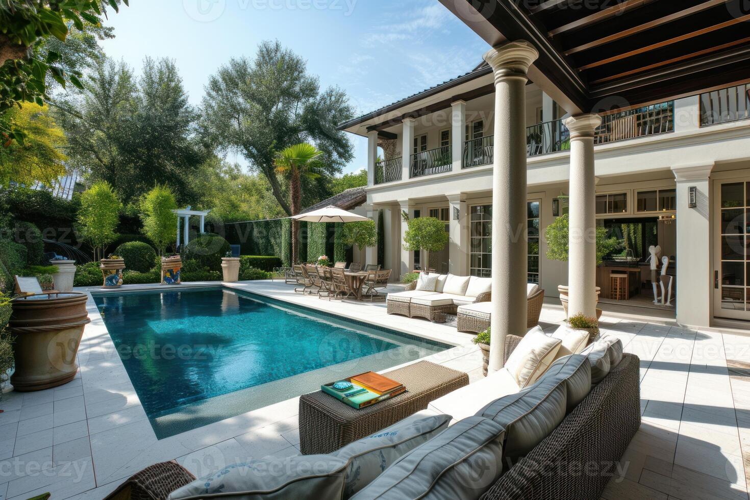 Spacious Patio with swim pool. Generate Ai photo