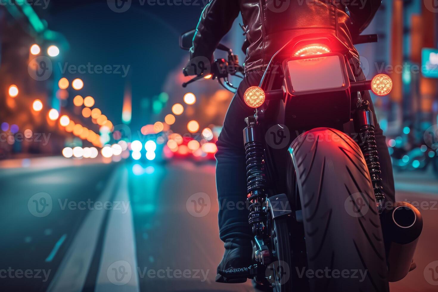 Illuminated Biker motorcycle night street. Generate Ai photo