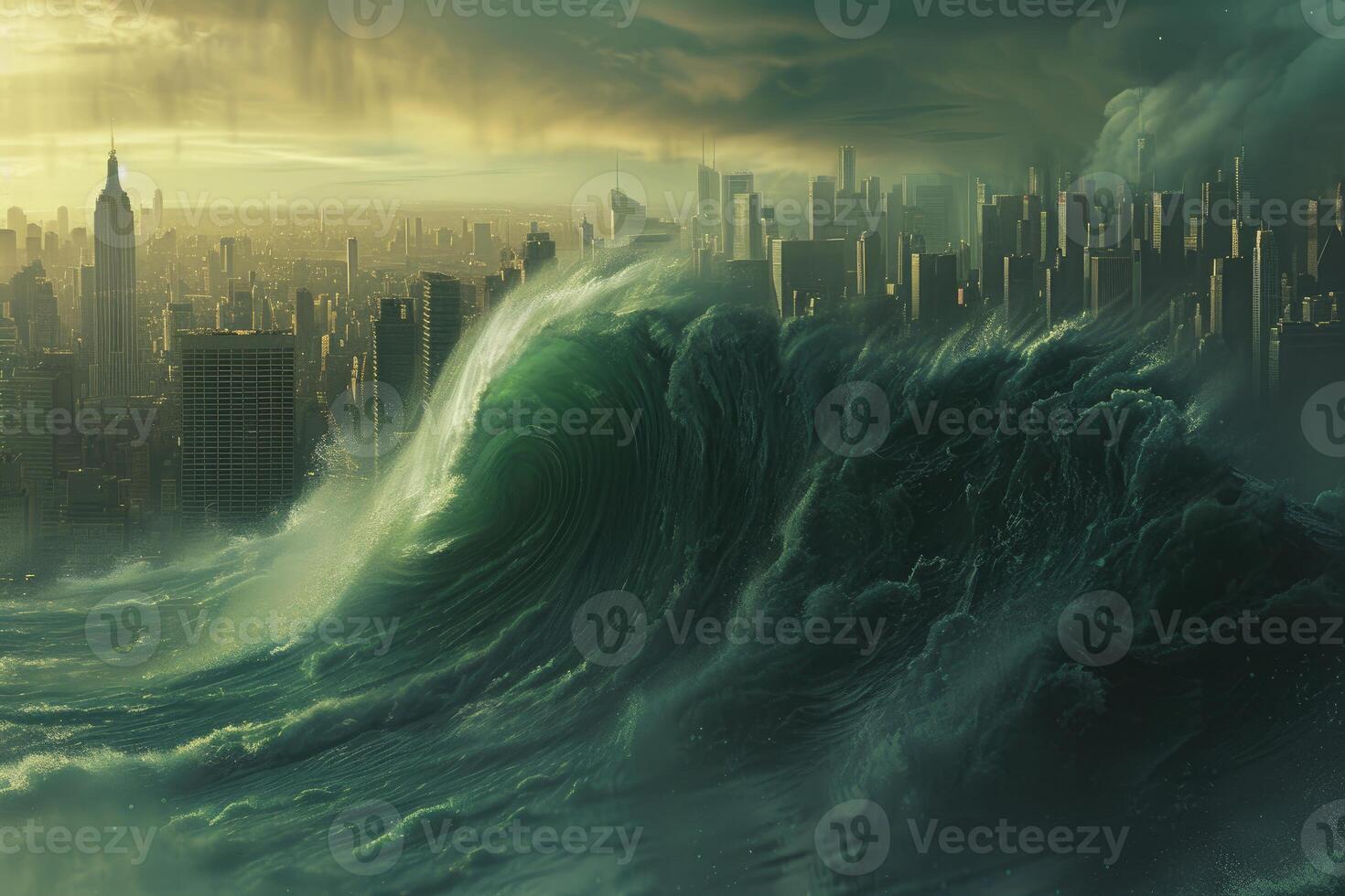 Engulfing Big wave going city. Generate Ai photo