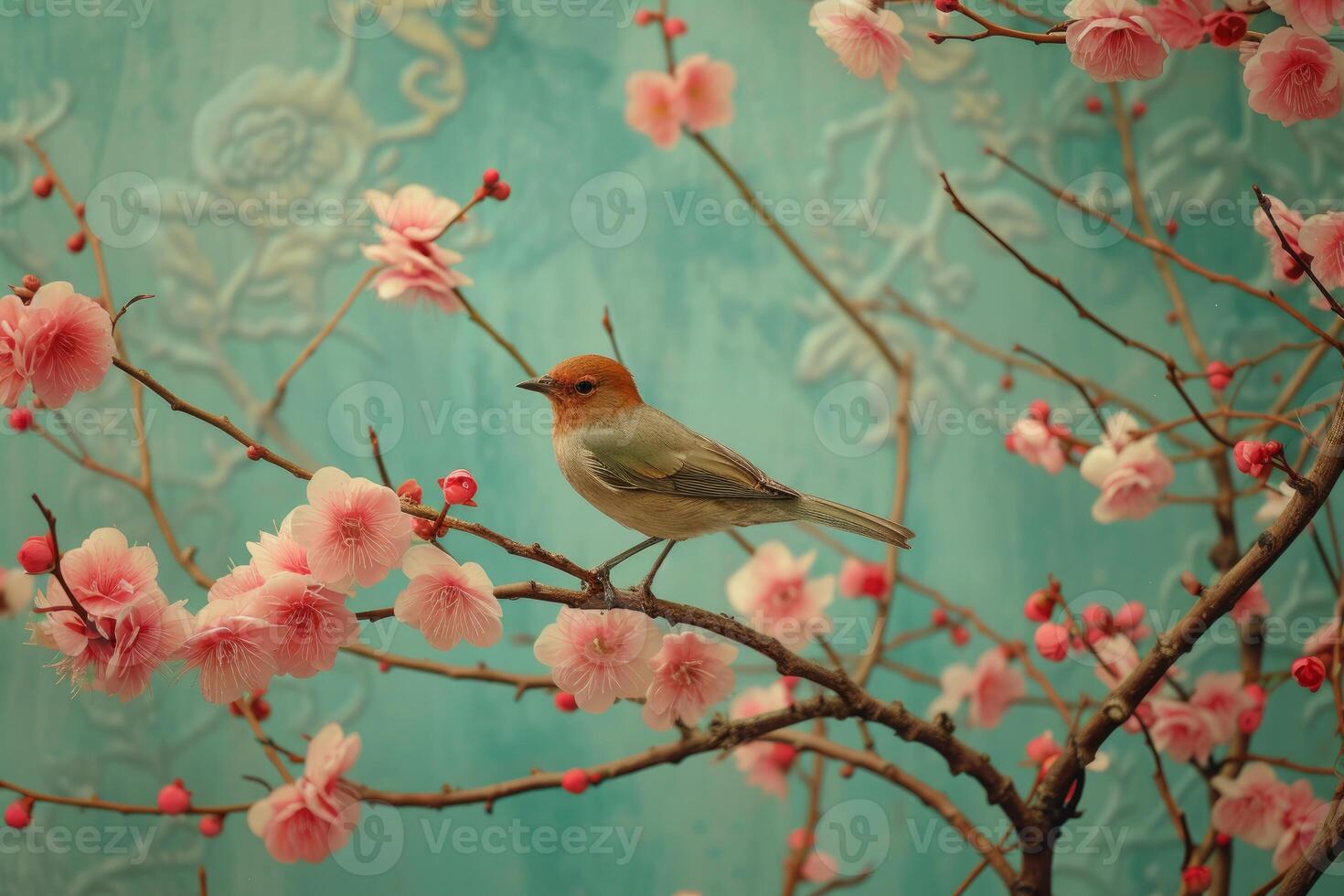 Vibrant Small bird on tree branch with flowers. Generate ai photo