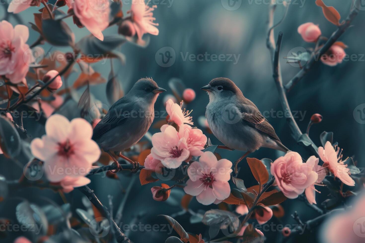 Fluttering Birds tree branch flowers. Generate Ai photo