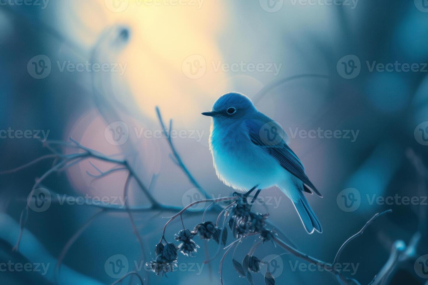 Tranquil bluebird perched on a branch against a soft sunset backdrop photo