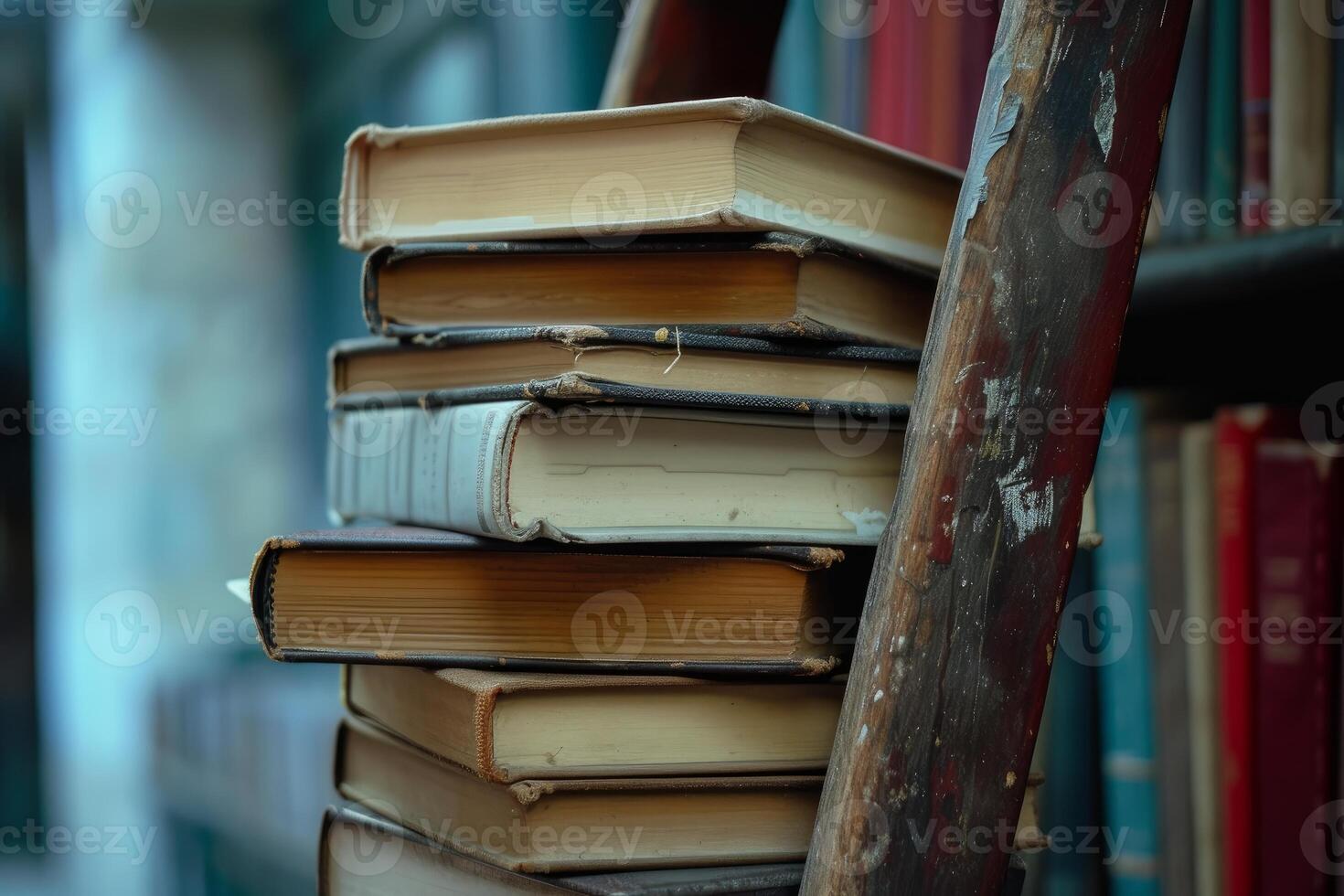 Tower of vintage books on wooden ladder photo