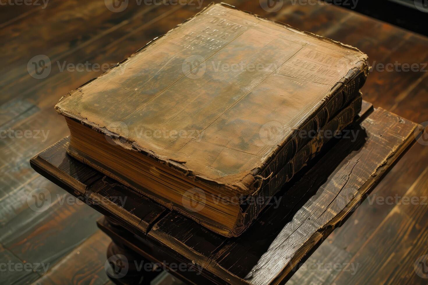 Antique leather-bound book on wooden table photo