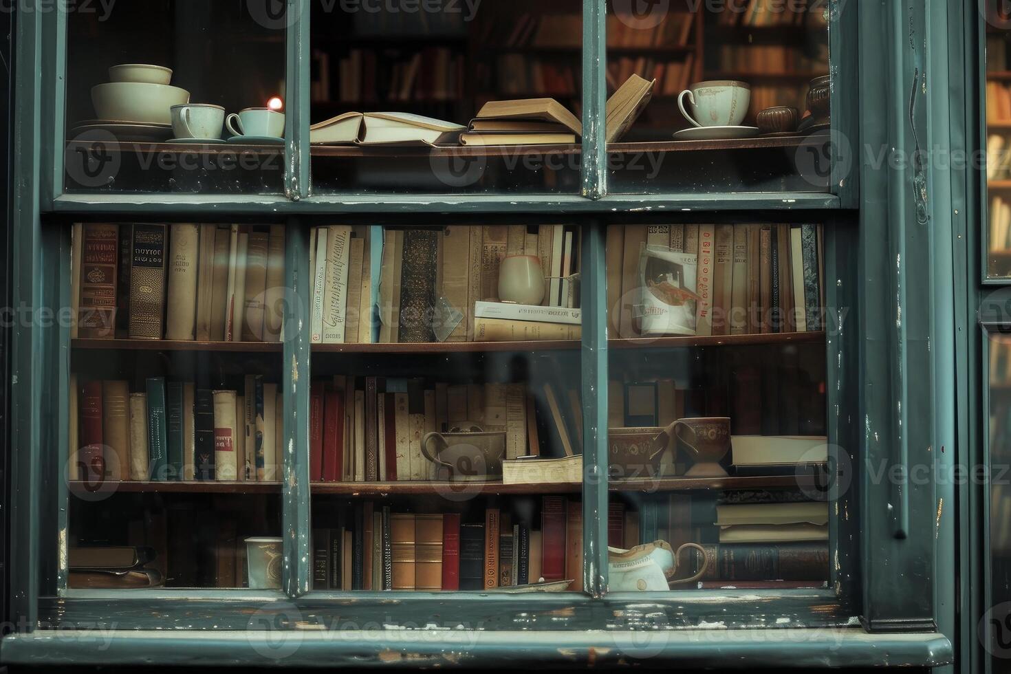 Vintage-style image capturing the charm of a bookshop window filled with literature and pottery photo