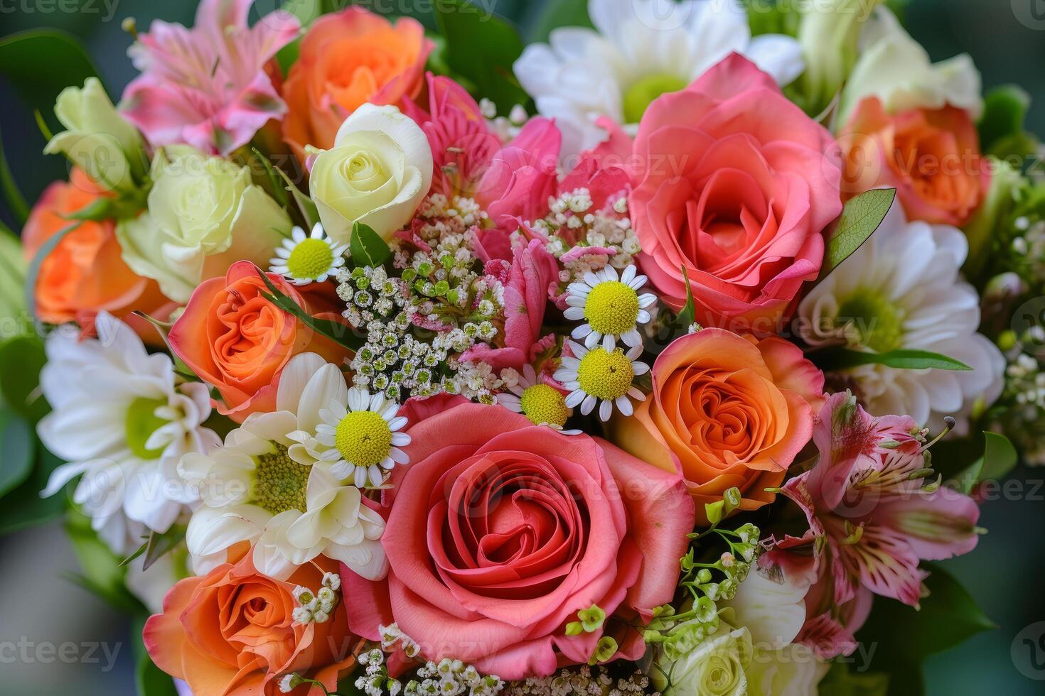 Close-up of a fresh bouquet with colorful roses and mixed spring flowers photo