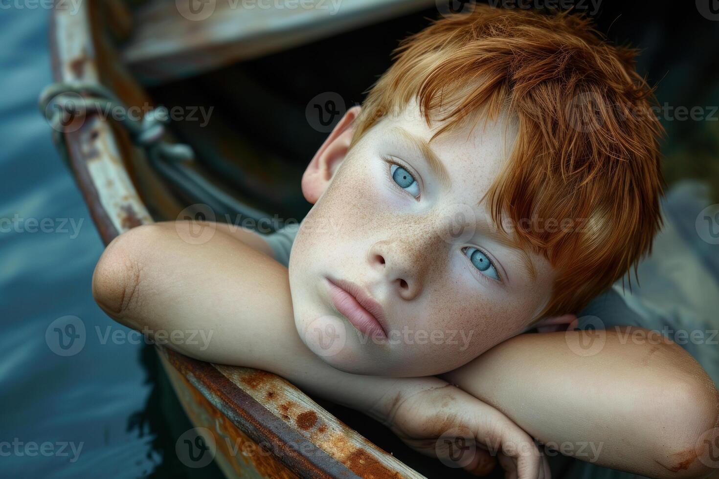 Pensive red-haired boy resting on boat photo