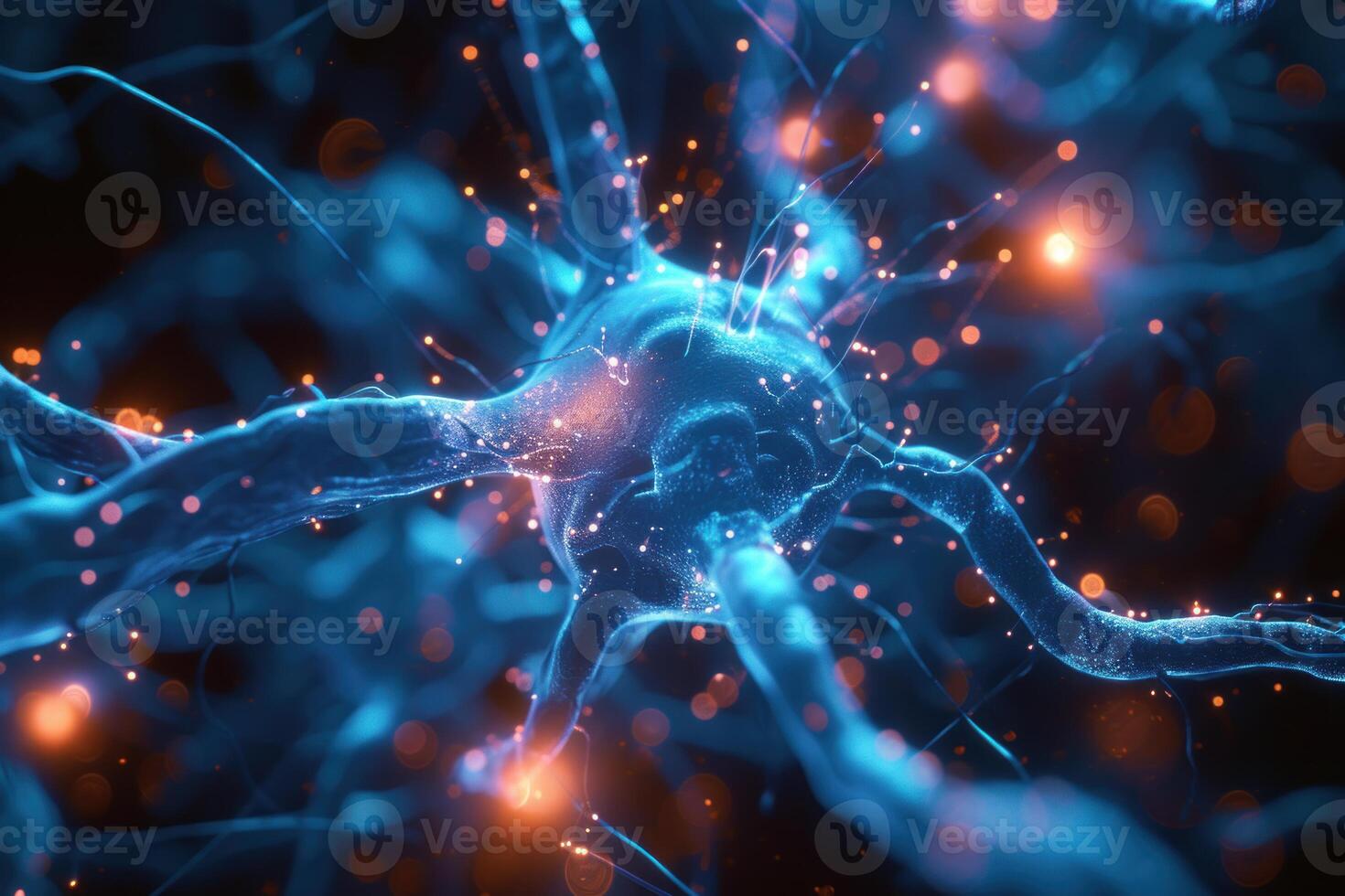 Digital illustration of neuron cells with glowing synapses representing neural activity photo