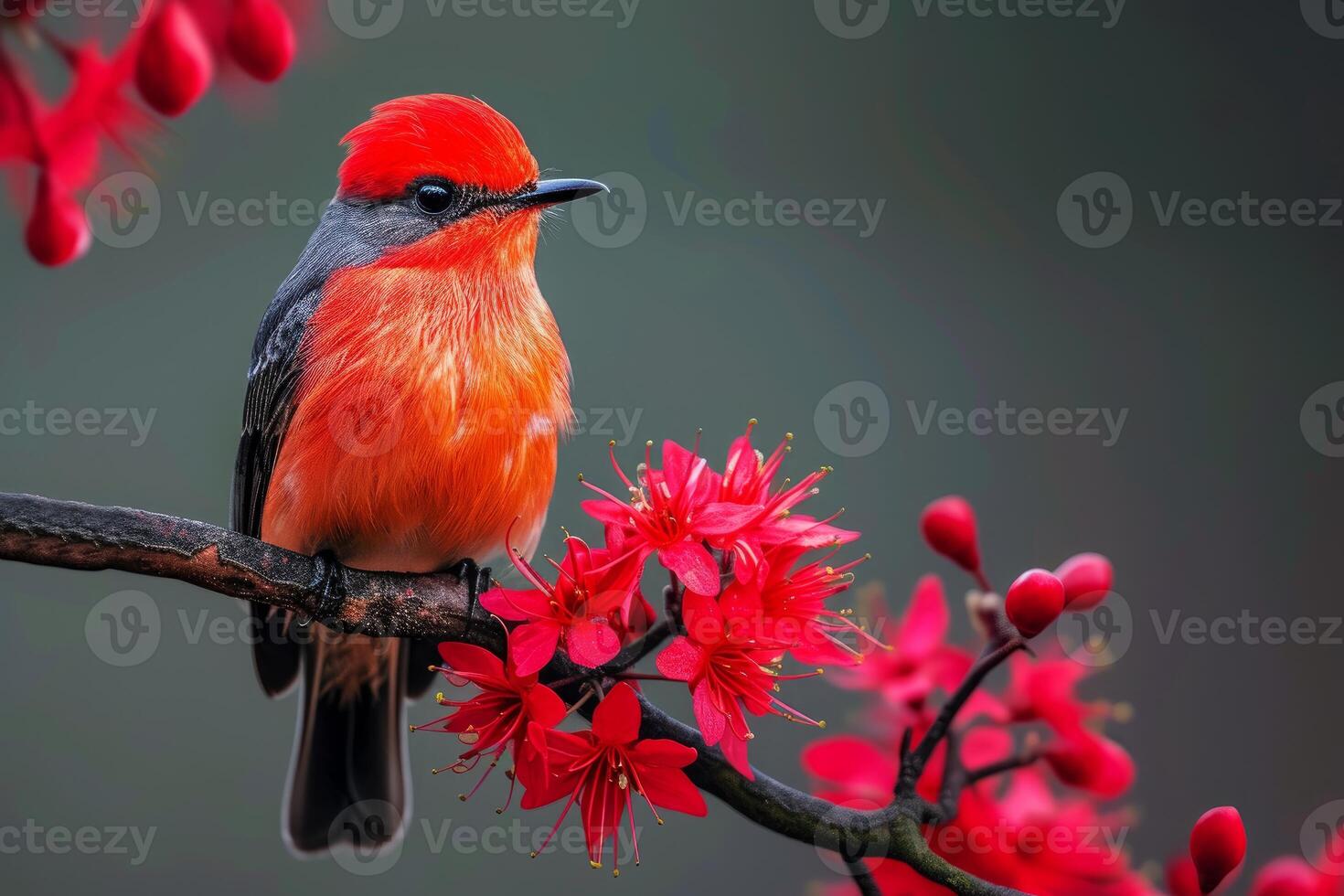 Vibrant vermilion flycatcher perched on blossoming branch photo