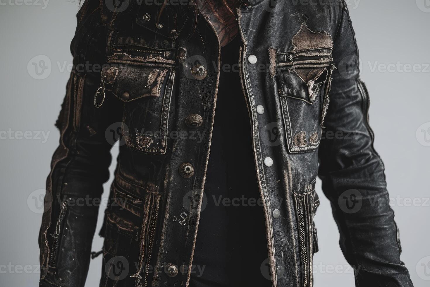 Close-up of leather jacket on model with dark background photo