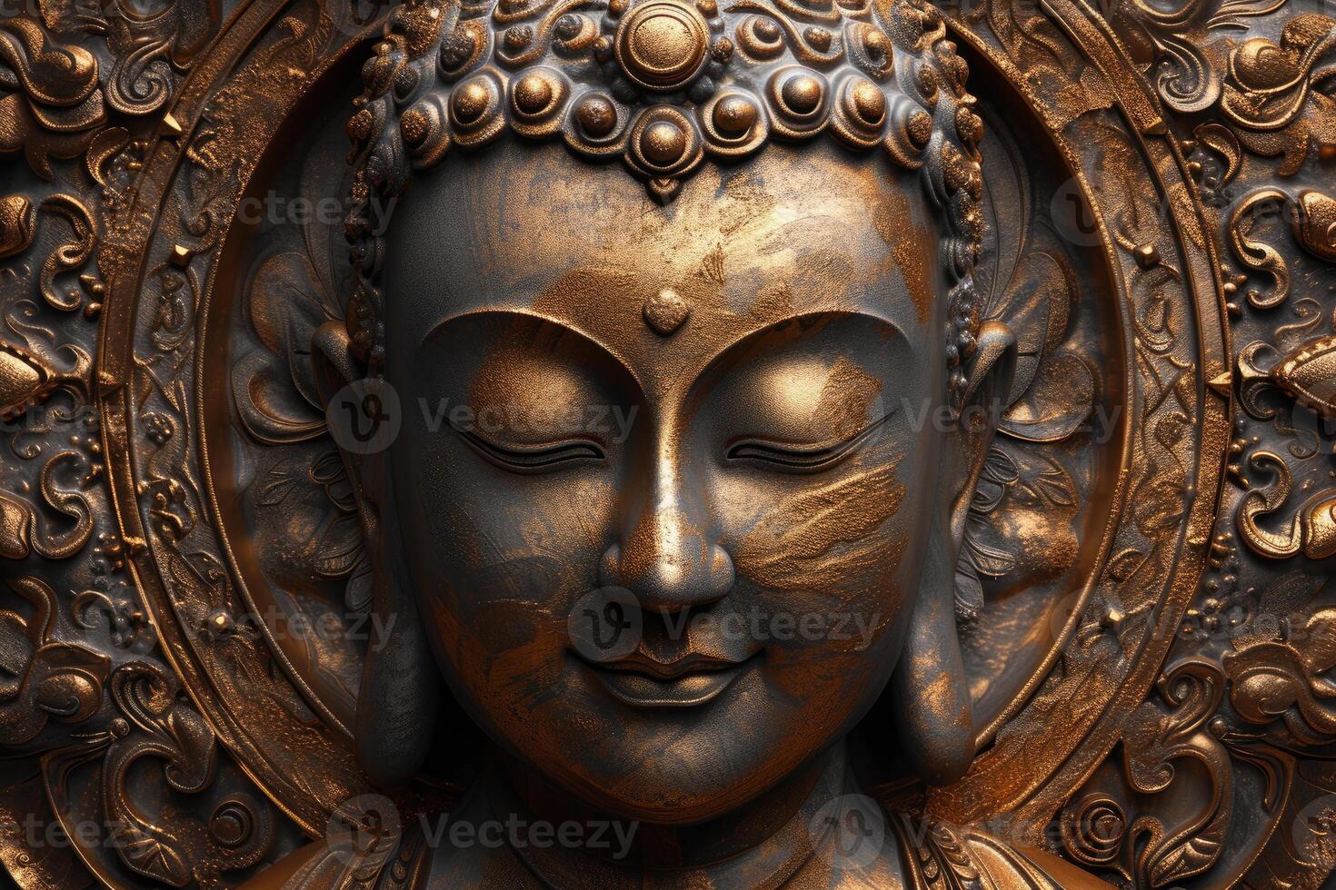 Detailed image of a serene buddha statue with intricate patterns in bronze tones photo