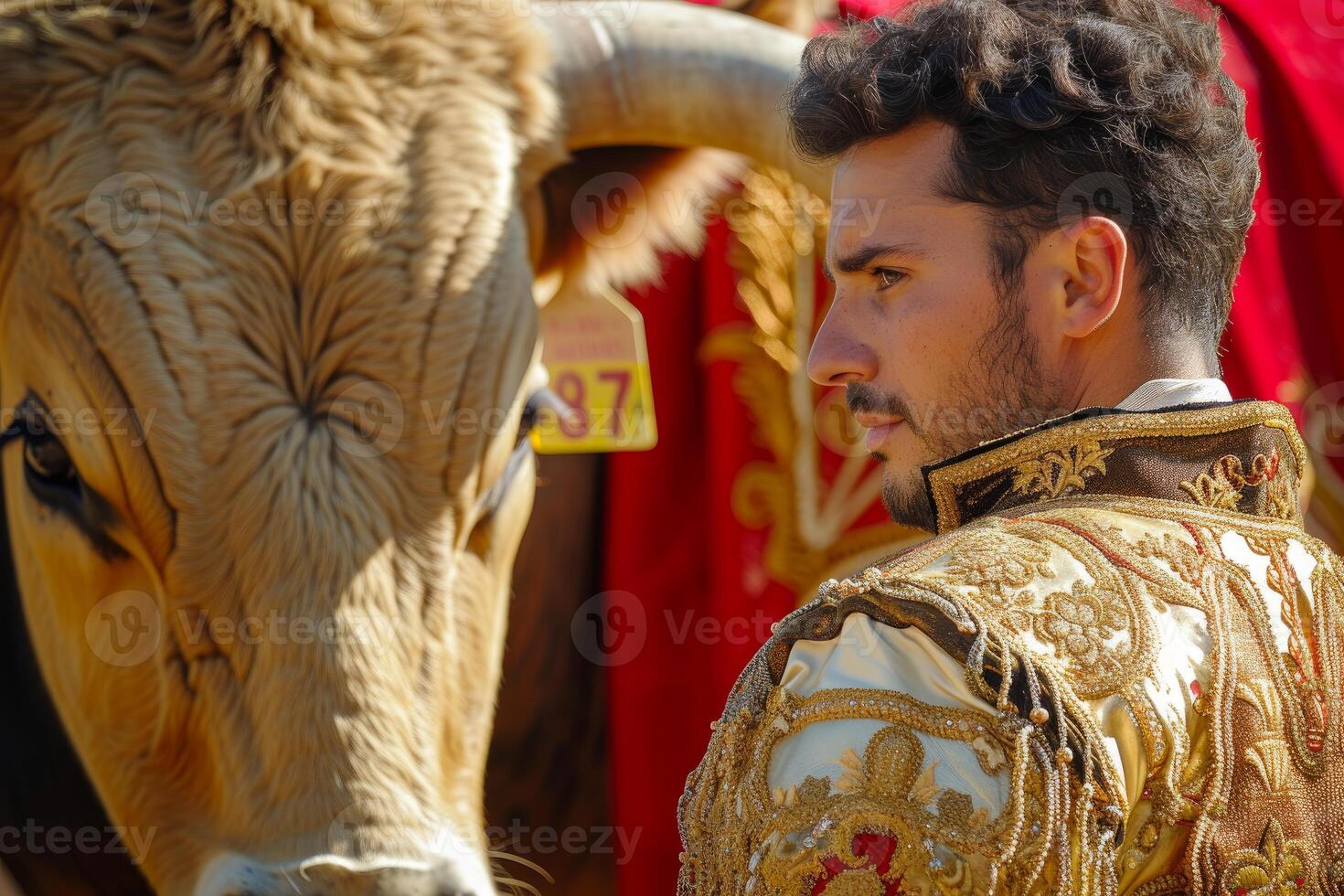 Matador in traditional attire standing close to bull photo