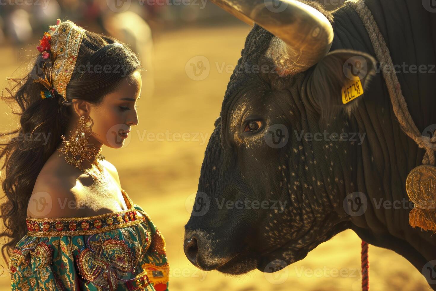 cultural-harmony-woman-and-ox-at-traditional-festival-47337952-stock