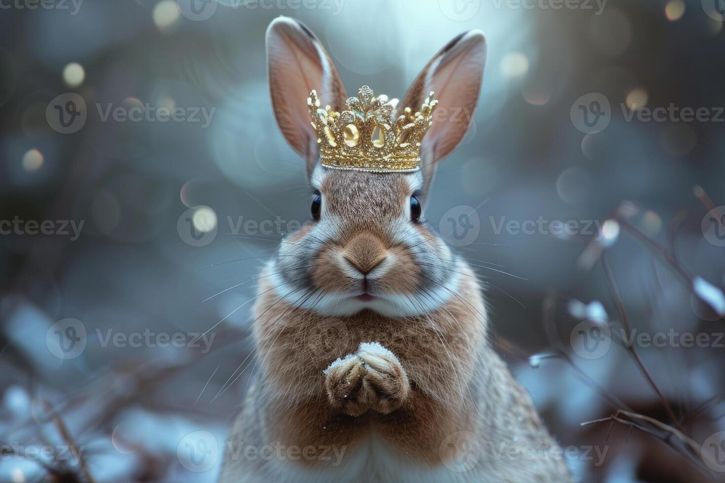 Whimsical image of a rabbit with a golden crown against a blurred natural background photo