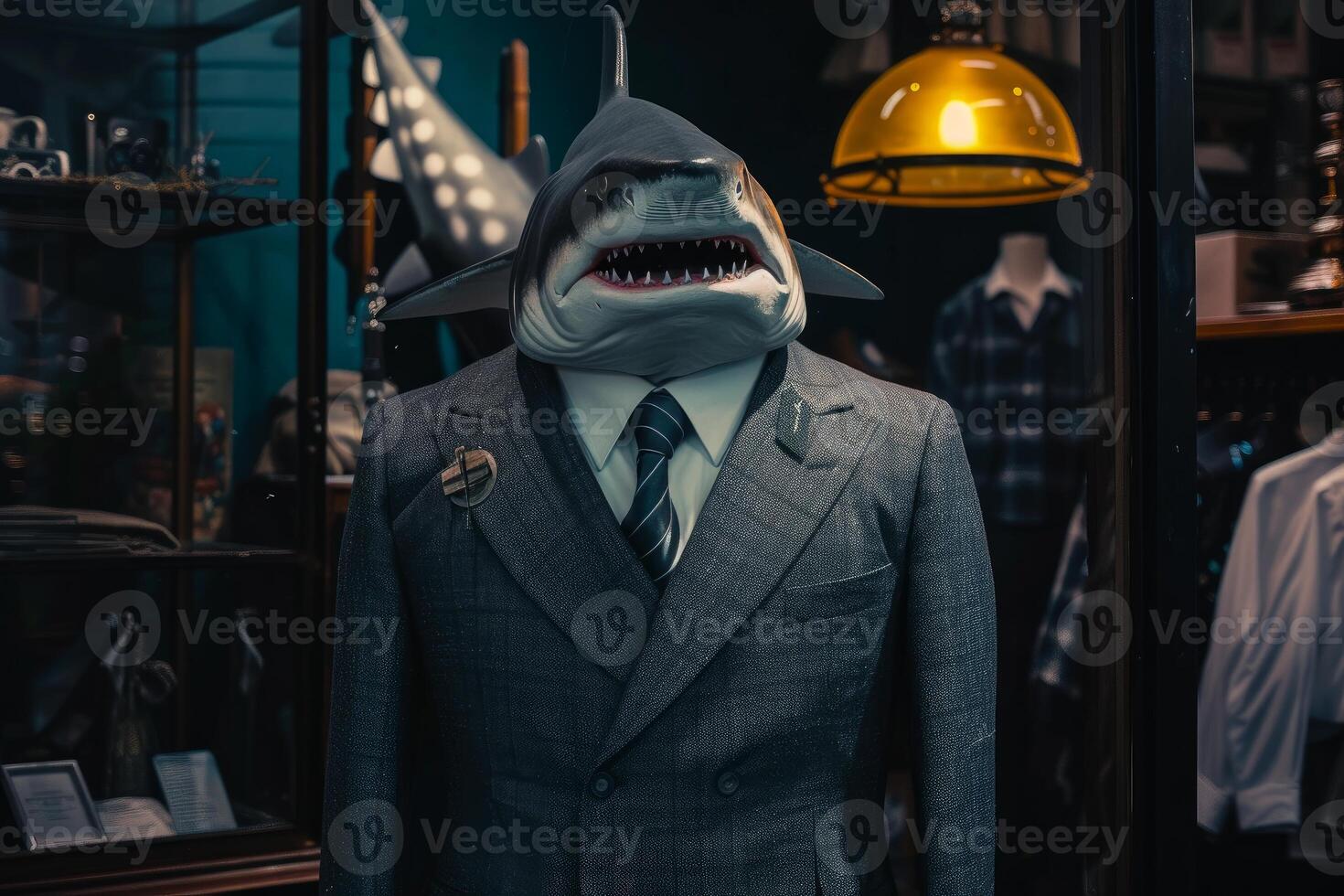 Business shark concept - suited shark mannequin in display window photo