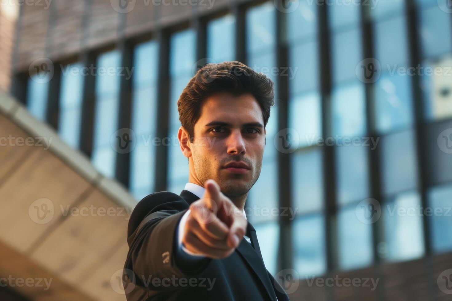 Young professional man in suit pointing confidently at camera with office buildings in the background photo