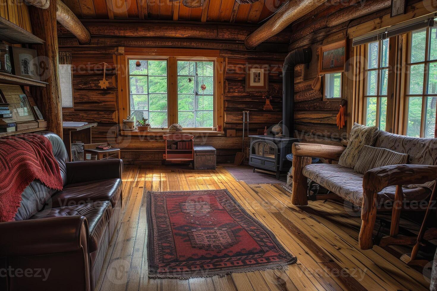 Cozy rustic cabin interior with sunlight photo