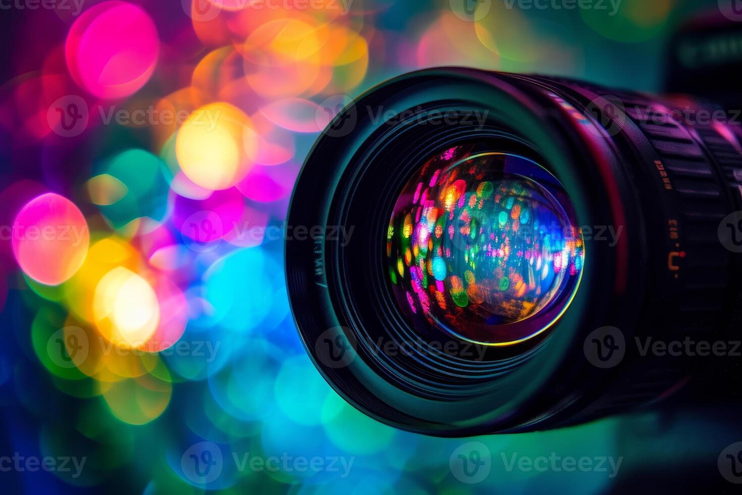 Vibrant camera lens with colorful bokeh lights photo