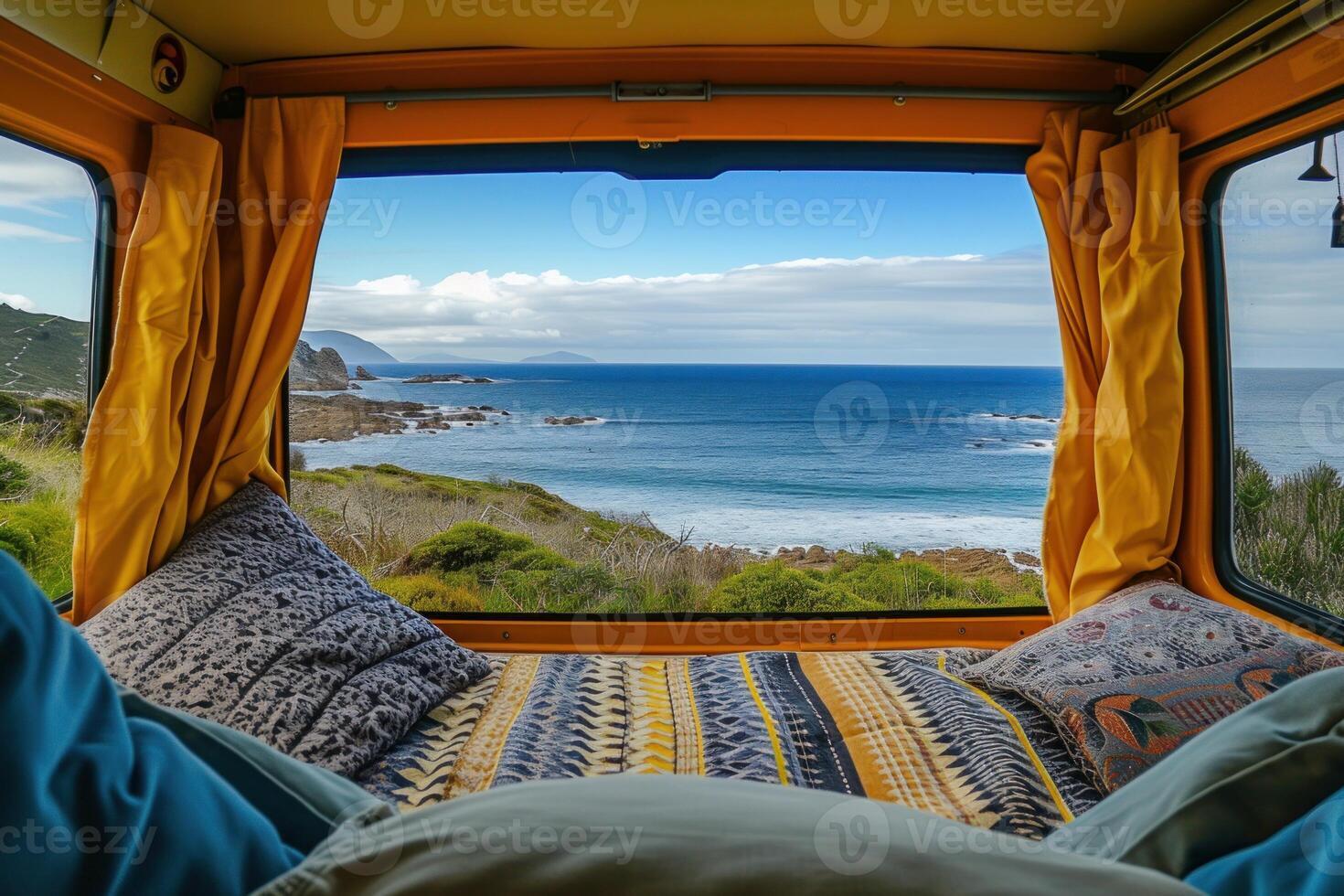 Van life ocean view - serene coastal landscape from camper photo