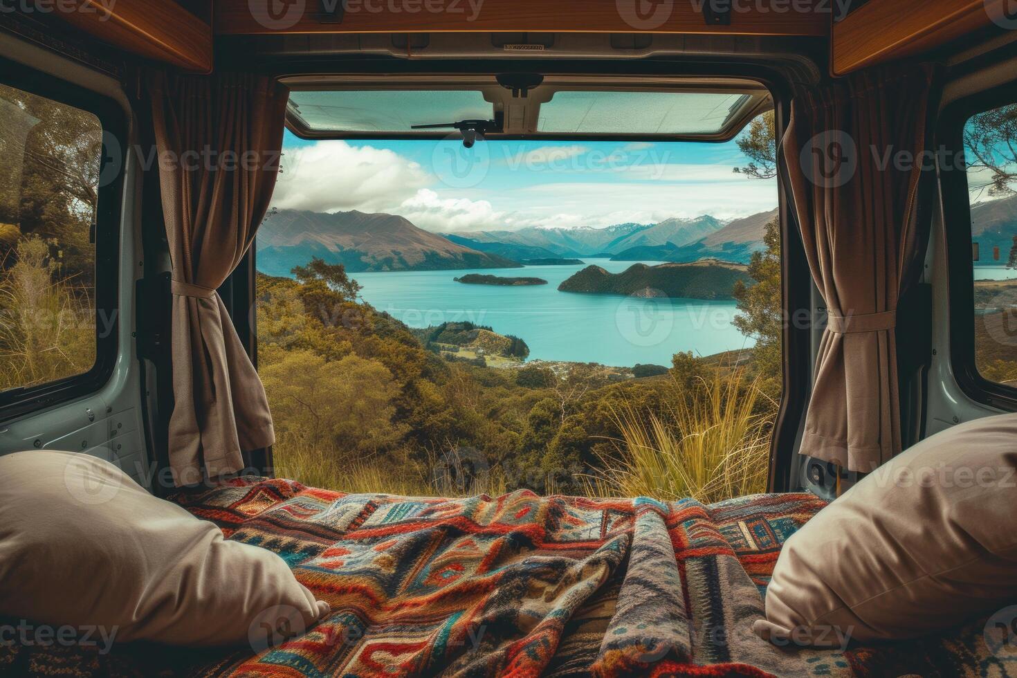 Serene lake view from cozy camper van photo