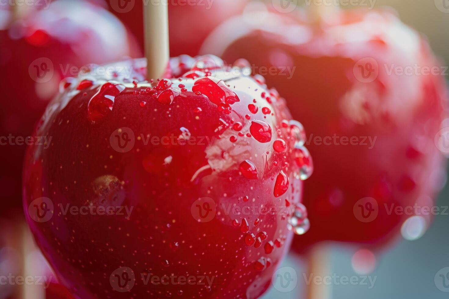 Closeup of red candy apples with water droplets, vibrant and tempting photo