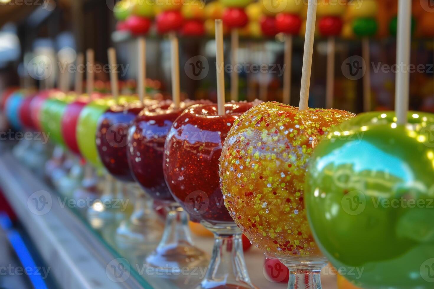 Colorful candy apples on display at fair photo