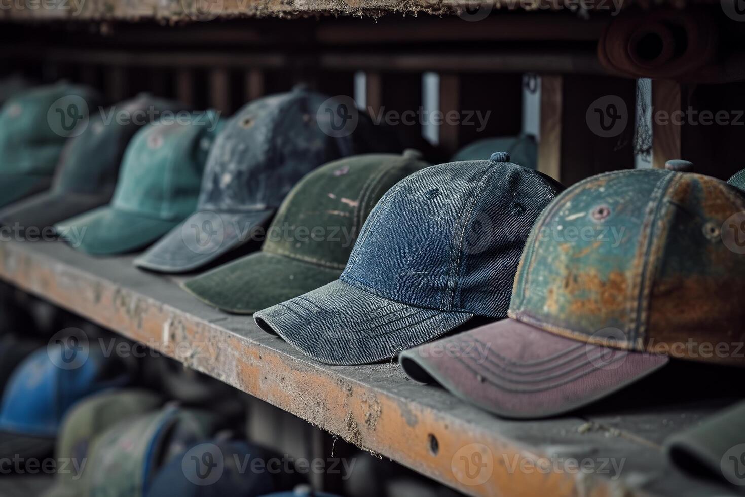 Vintage baseball caps on wooden shelf photo