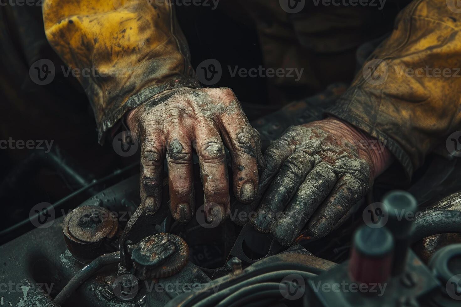 Greasestained hands of a mechanic at work photo