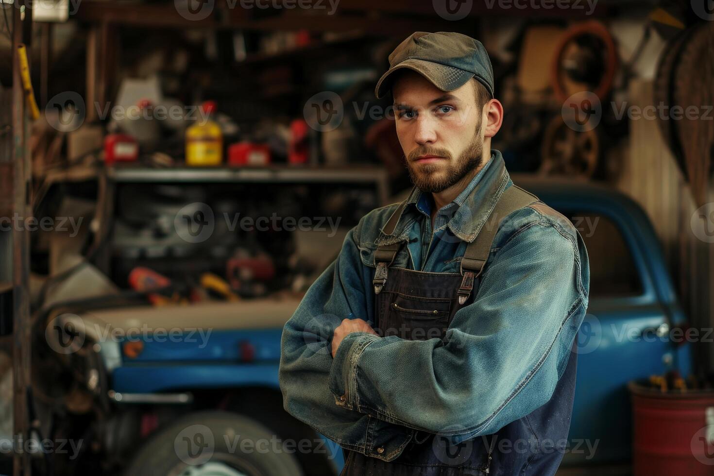 Professional mechanic with crossed arms stands in his garage, showcasing expertise and seriousness photo