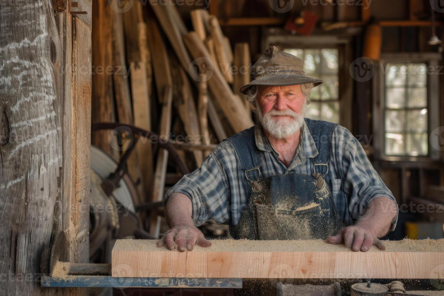 Seasoned carpenter wearing a hat and dusty overalls works with wood in a rustic workshop photo