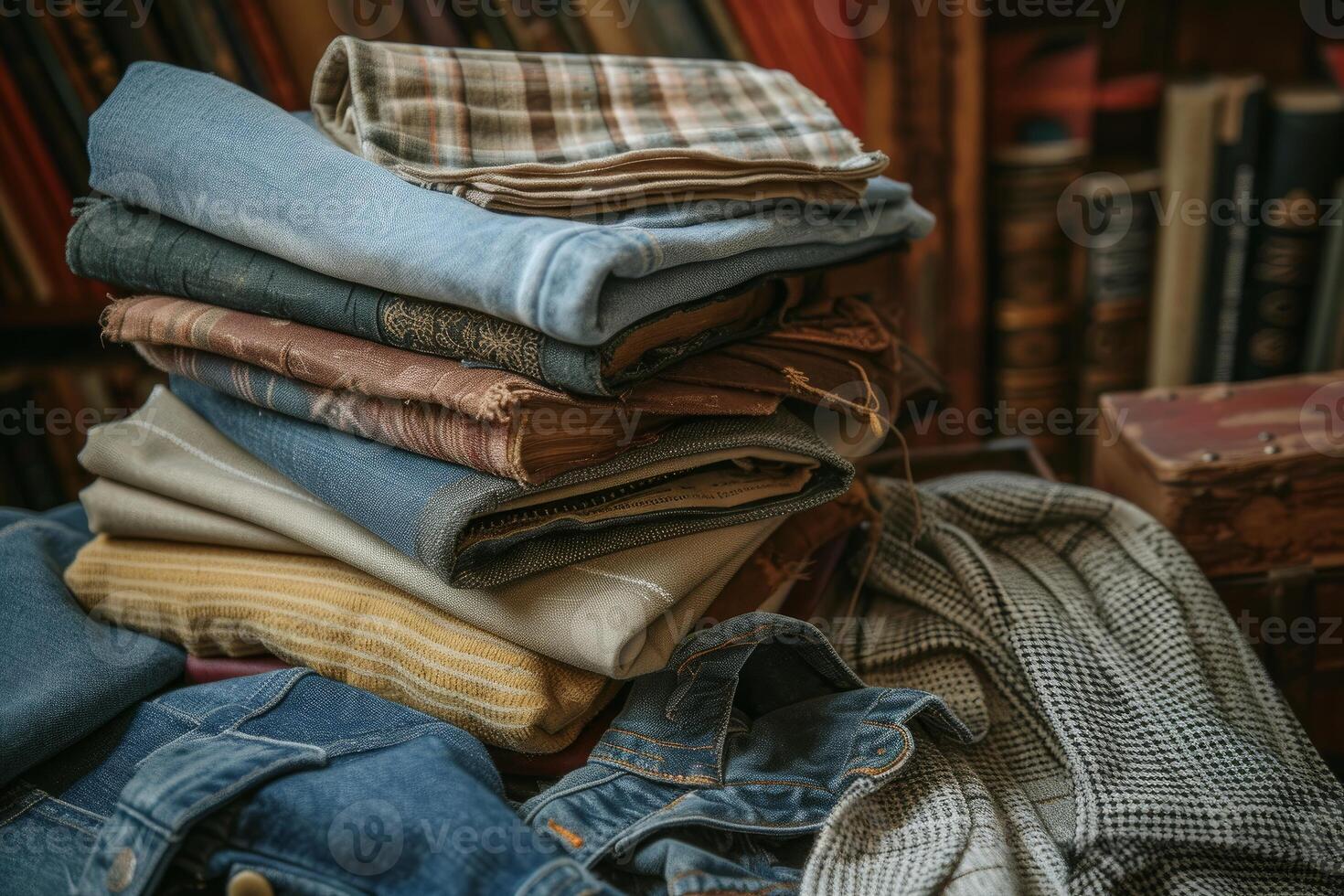 Vintage clothing stack with books photo