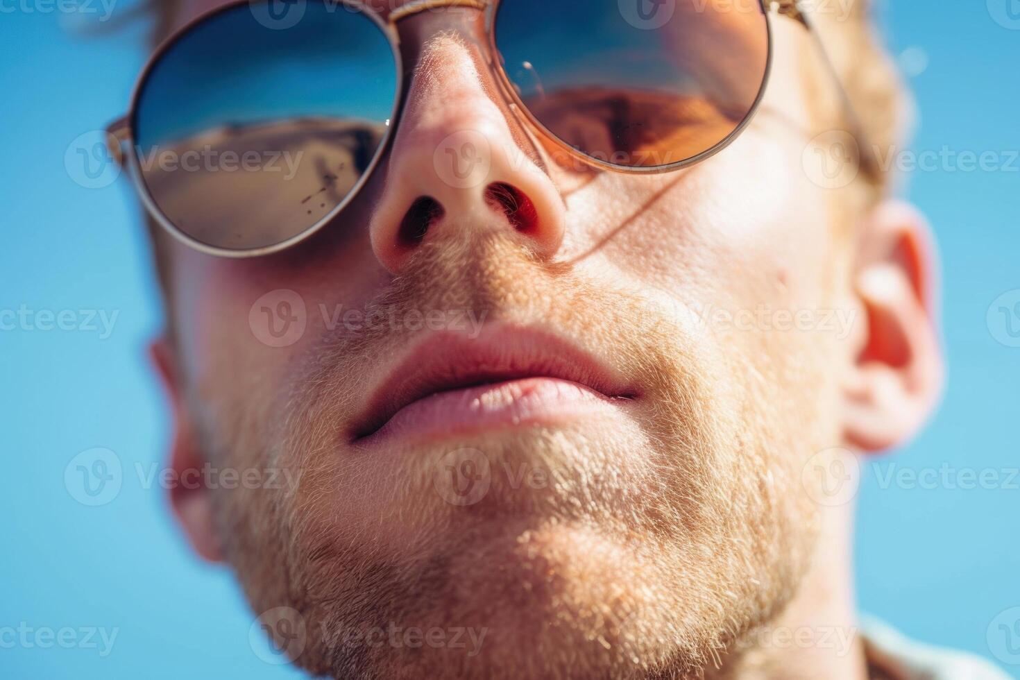Confident man with sunglasses under blue sky photo