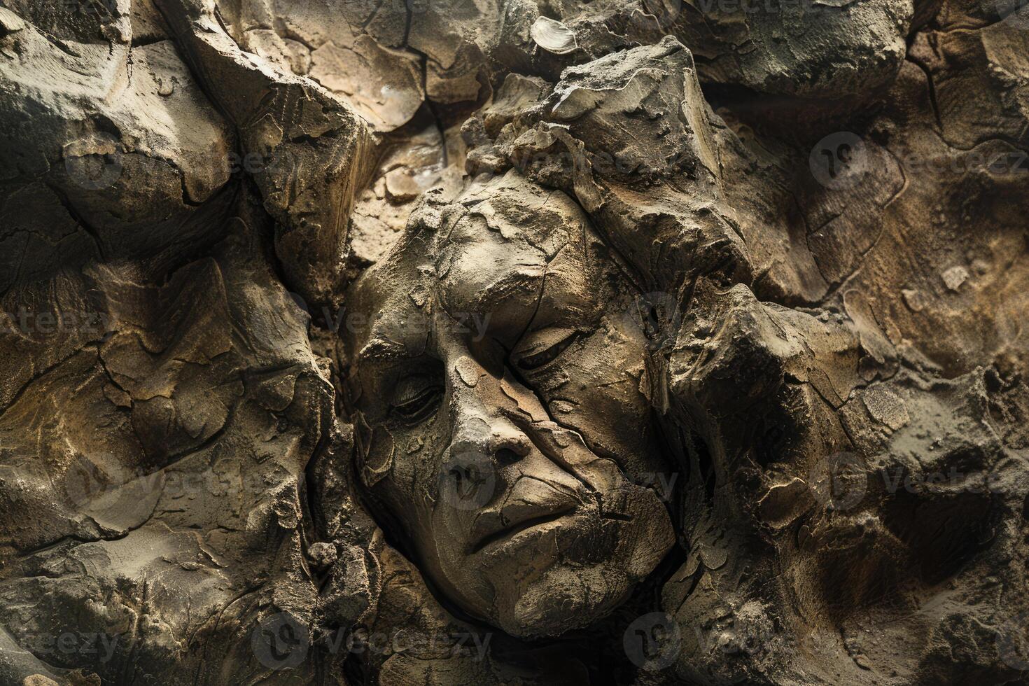 Ancient wisdom, carved stone face photo