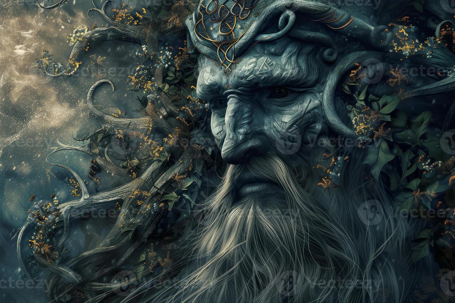 Digital artwork of an ancient, mystical forest spirit with intertwined branches and foliage photo