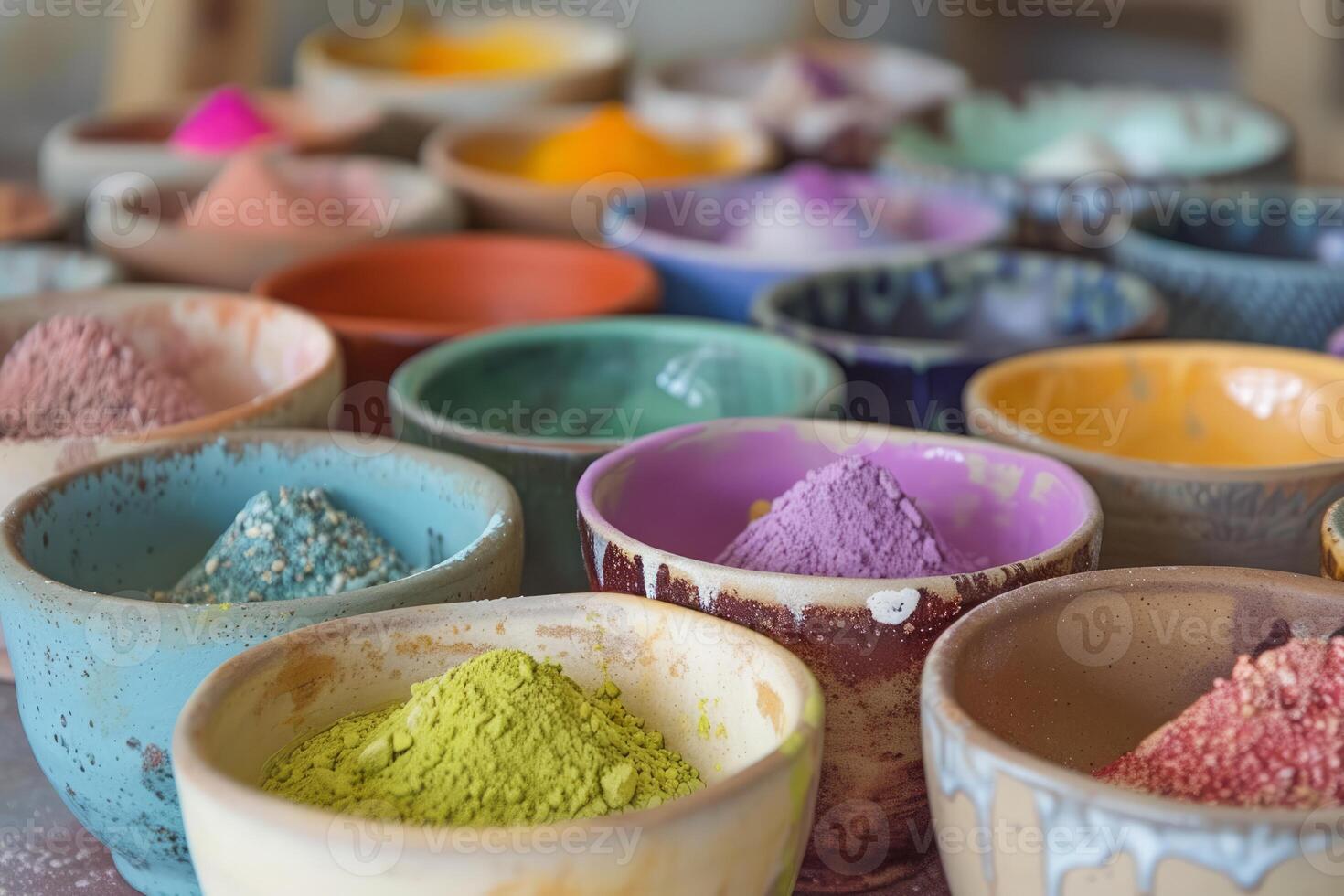 Assorted colorful powder pigments in bowls photo