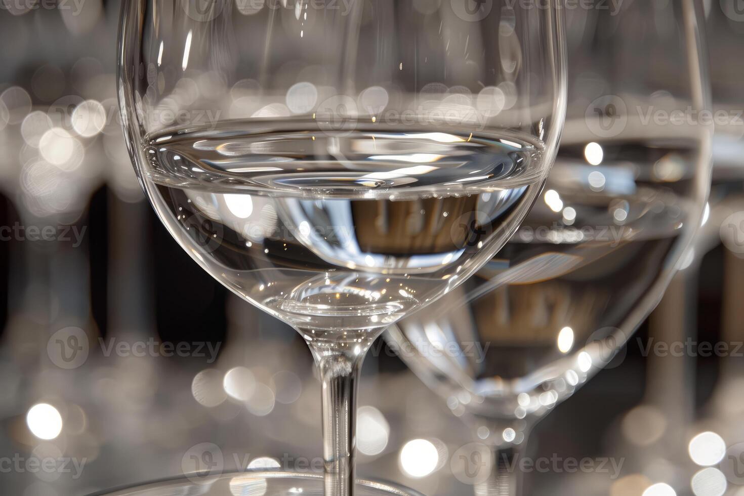 Elegant wine glasses with reflective light bokeh photo