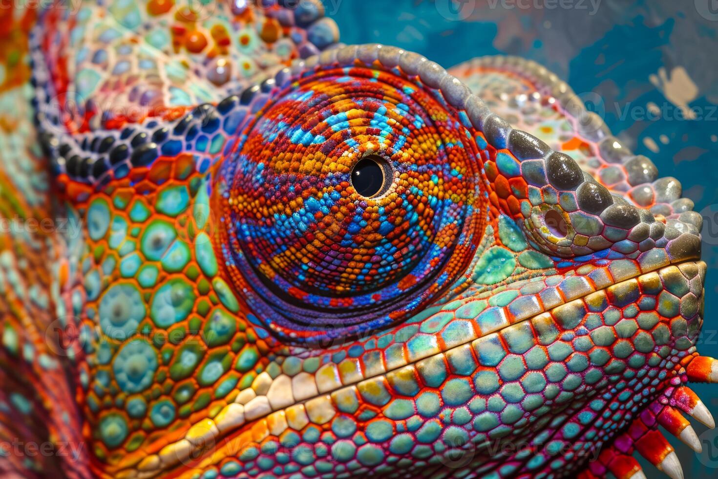 Macro shot capturing the intricate patterns and vivid colors of a chameleon's eye and skin photo