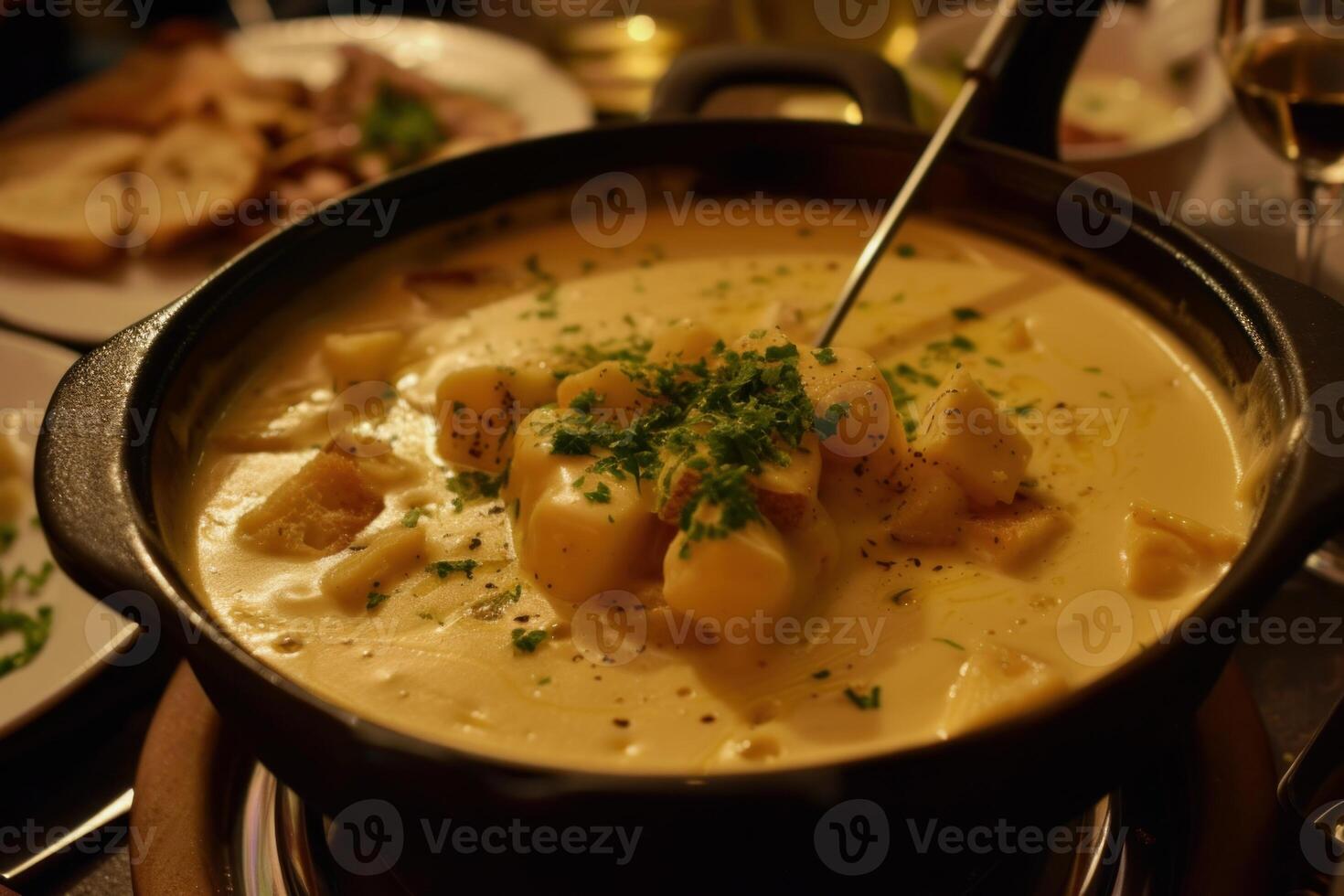 Traditional cheese fondue in cast iron pot photo