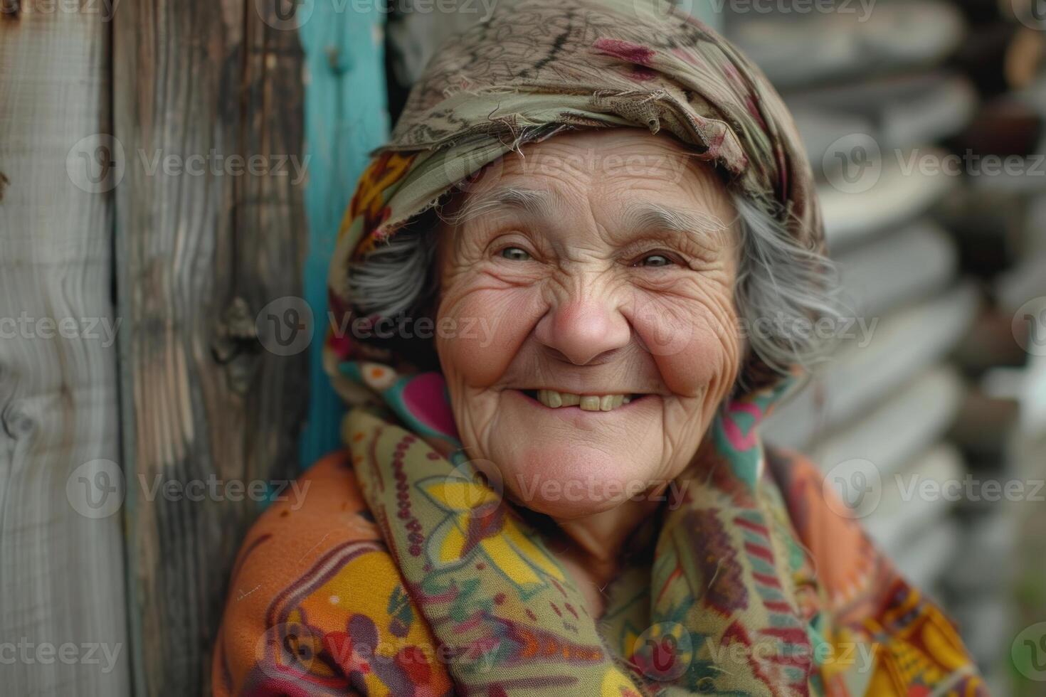 Joyful elderly woman smiling outdoors photo