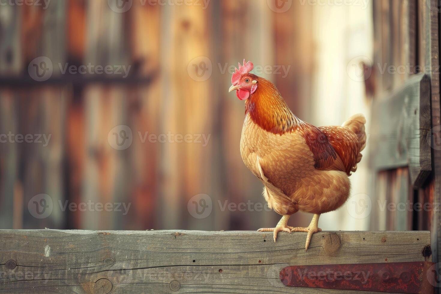 Majestic hen perched on wooden fence at dawn photo